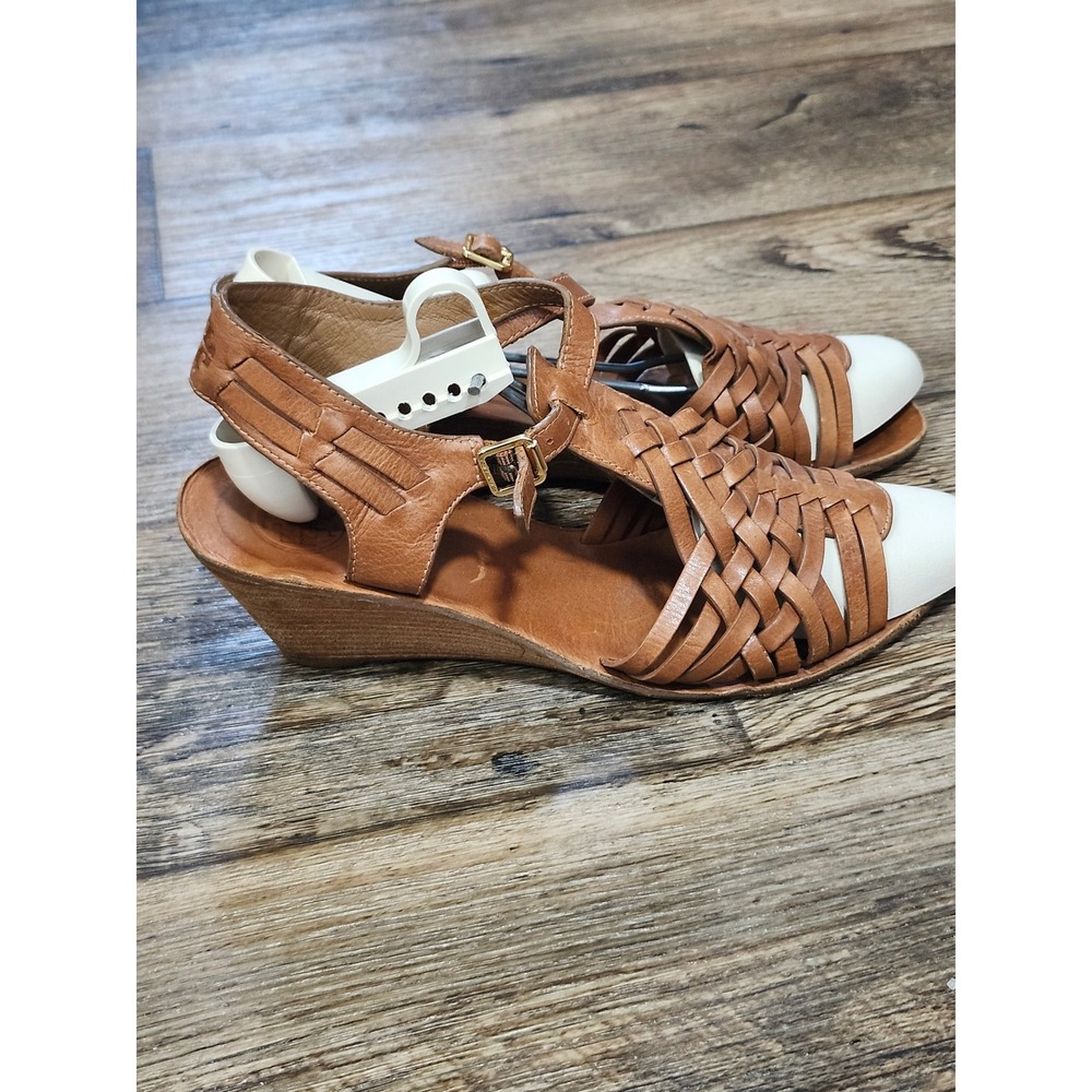 Tory Burch Tan Leather Woven Wedge Sandals Huarache Ankle Strap Women 9.5M